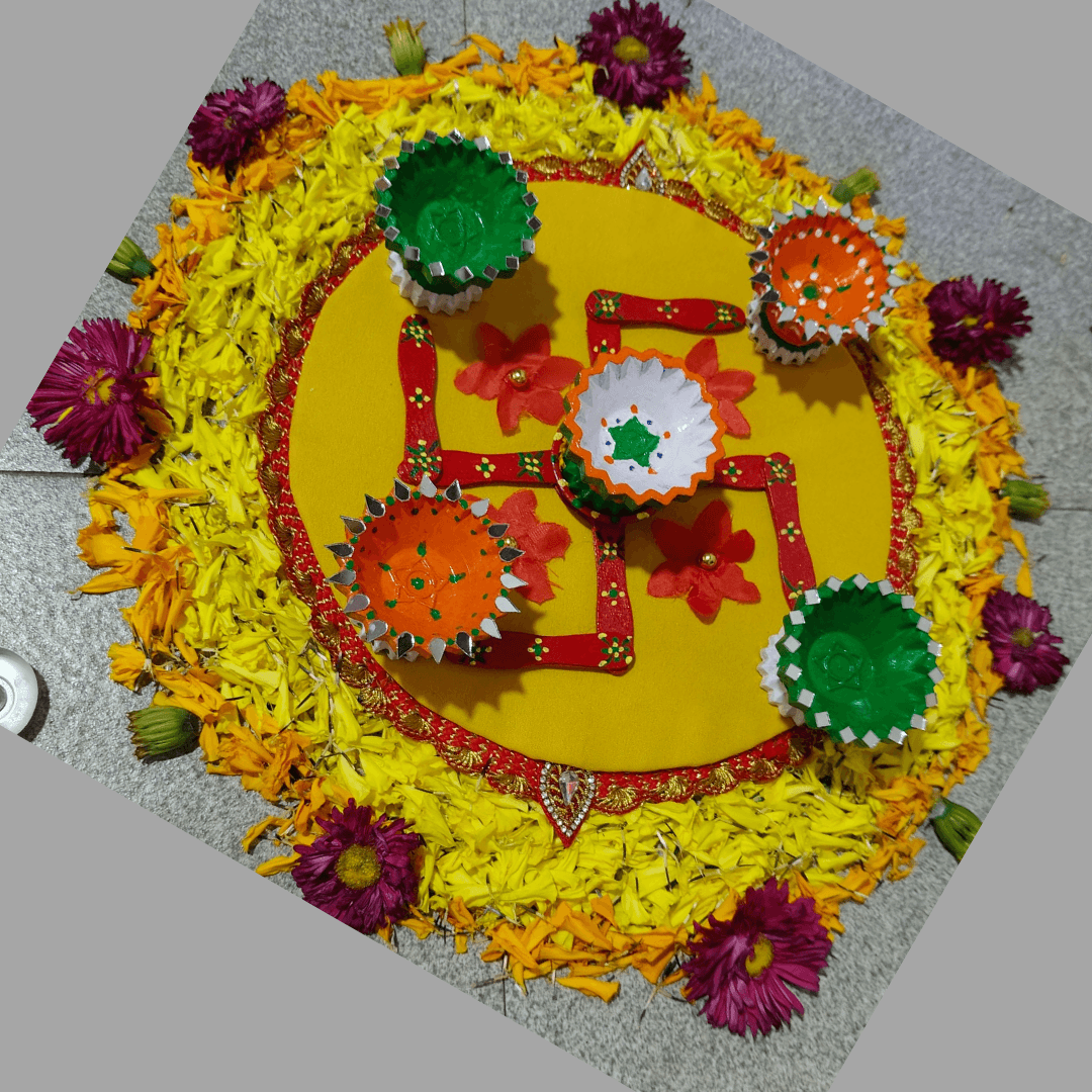 DIY Swastik and handmade diya rangoli made with popsicle sticks