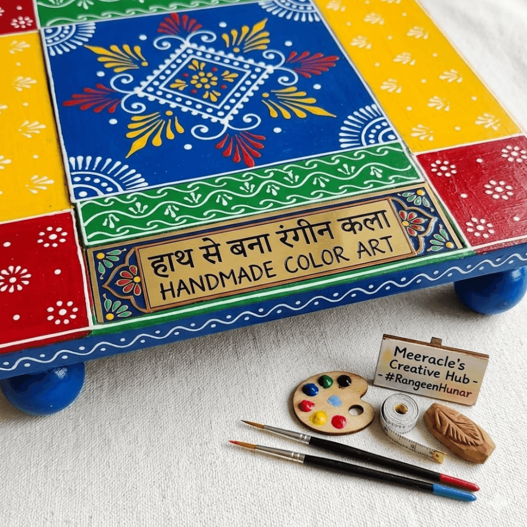 Hand mad wooden stool and colour Art Dot painting