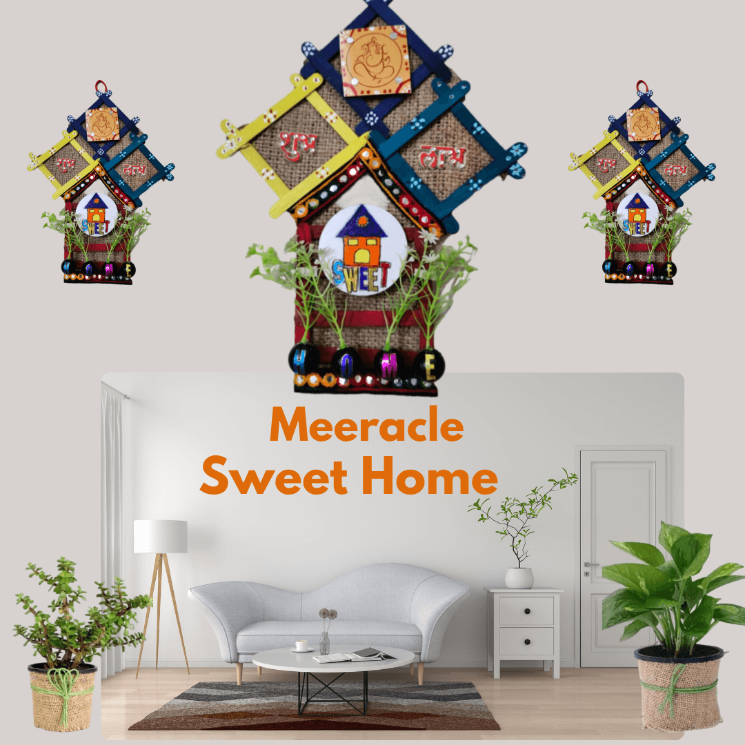 Handmade Sweet Home wall hanging craft created using popsicle sticks, burlap, and upcycled waste material.