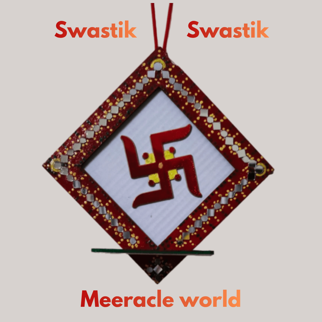 DIY cardboard Swastik wall hanging with mirror work and dot painting