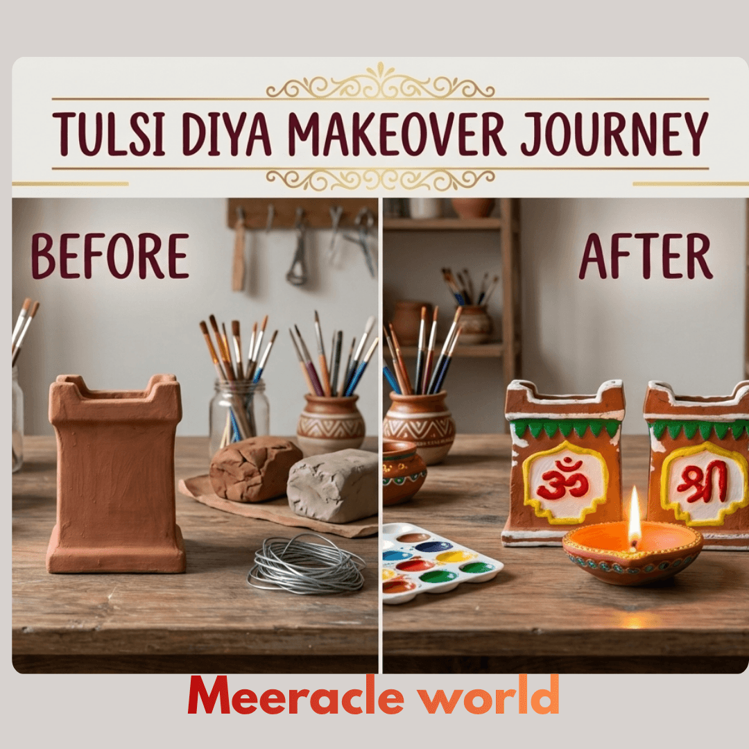 DIY Tulsi diya makeover journey showing before and after craft transformation