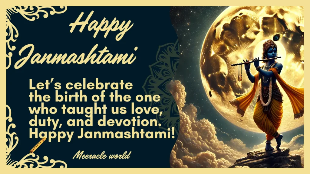 Lord Krishna playing flute in front of a full moon with Happy Janmashtami celebration quote and wishes