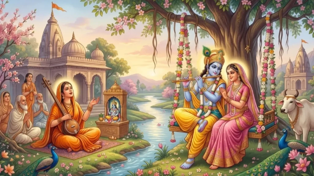 Radha Meera aur Krishna ka alaukik prem aur bhakti darshati hui sundar painting