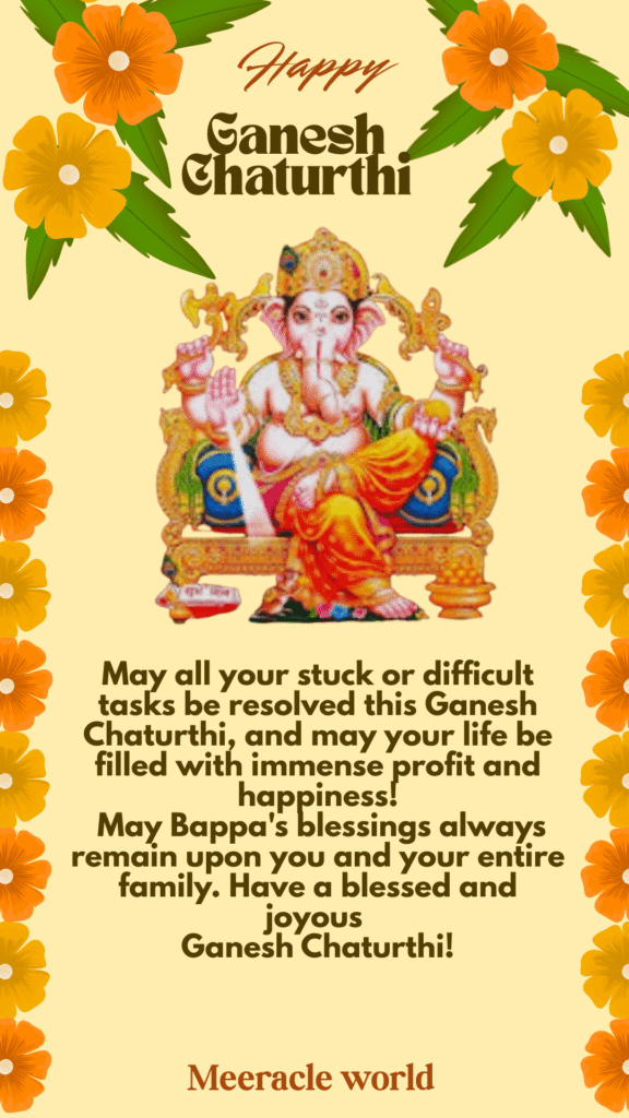 Happy Ganesh Chaturthi status image with English quotes wishing for success, removed obstacles, and happiness, published by Meeracle World.