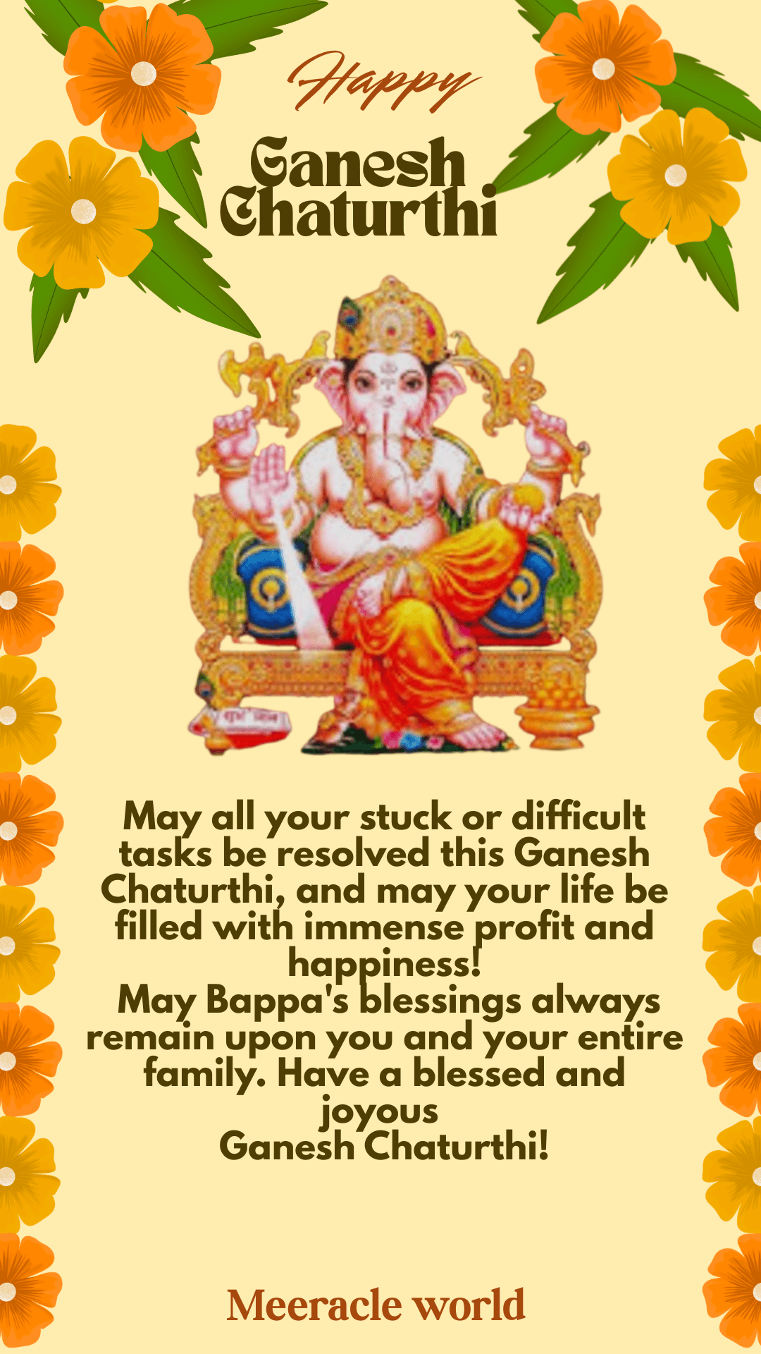 Happy Ganesh Chaturthi status image with English quotes wishing for success, removed obstacles, and happiness, published by Meeracle World.