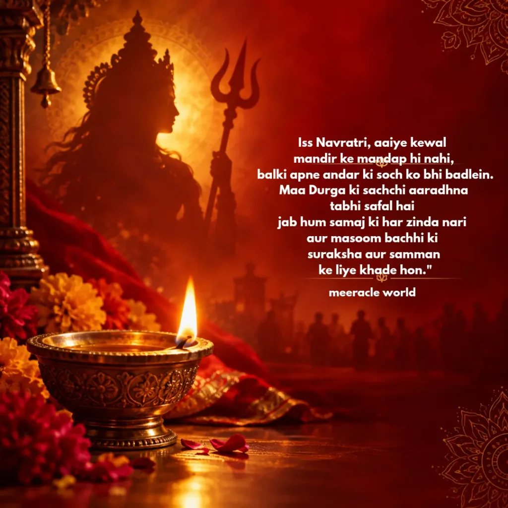 Navratri festivale banner featuring Maa Durga silhouette, oil lamp, and social awareness message in Hindi