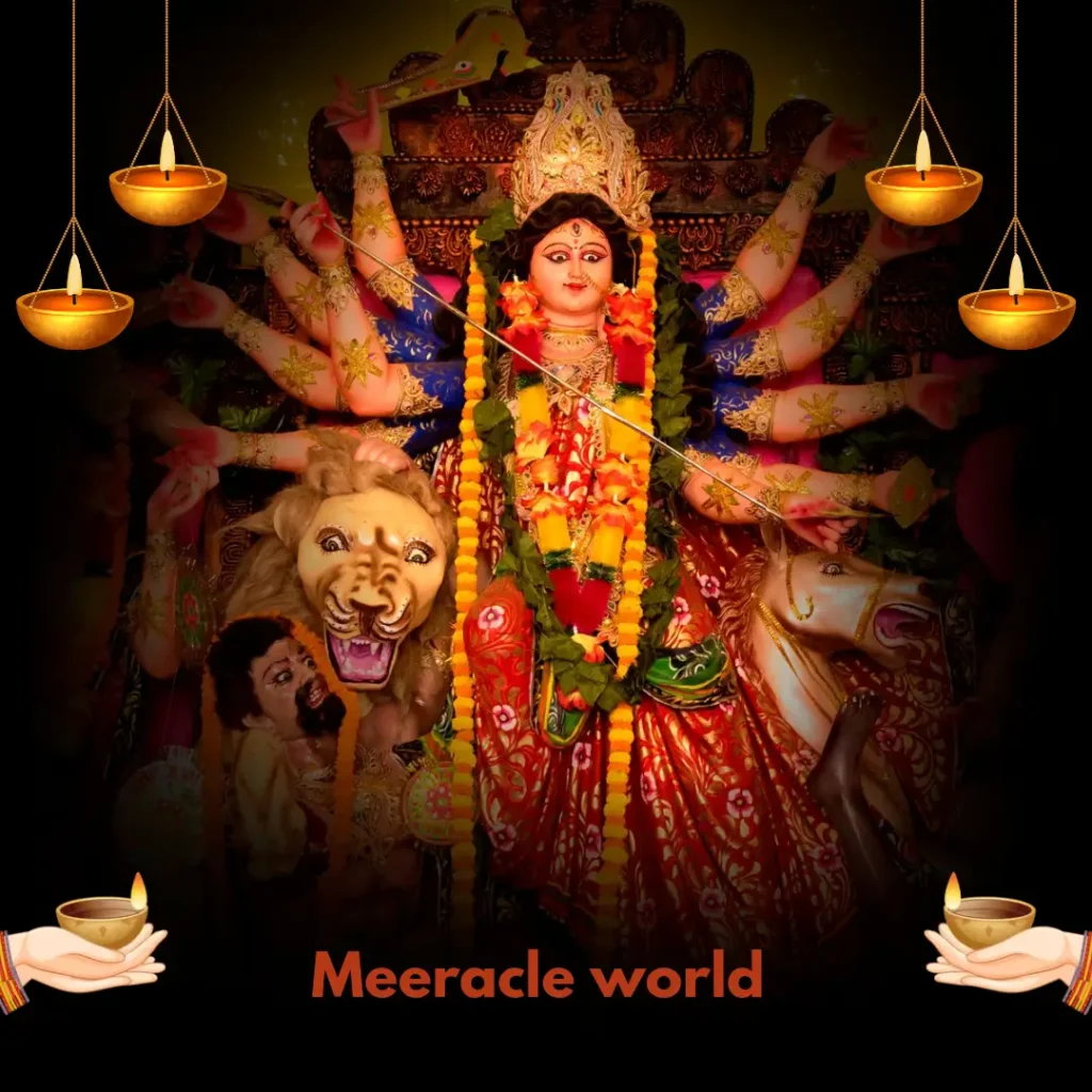 Goddess Durga riding lion, illuminated with diyas, during Navratri festival celebration