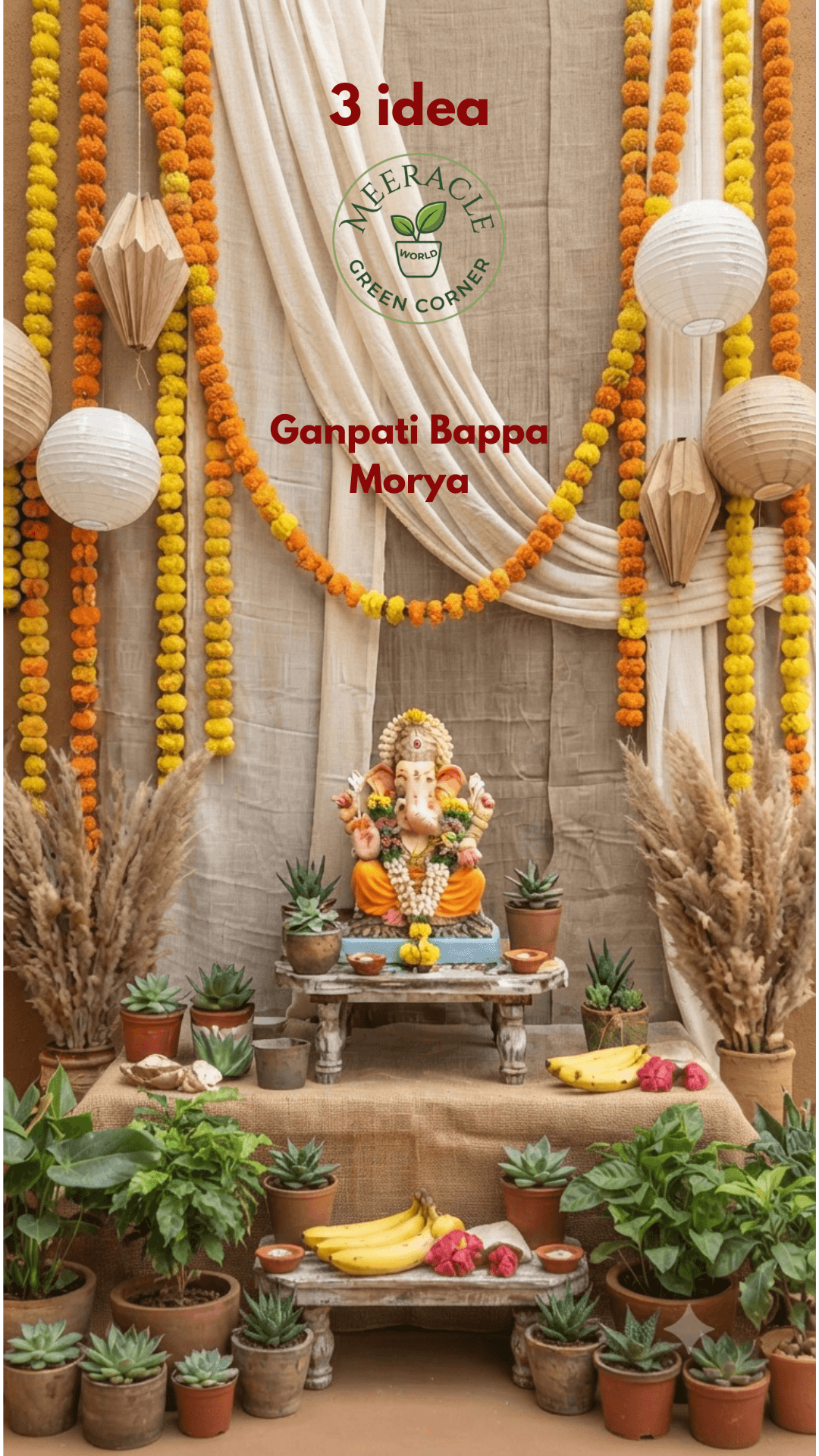Lord Ganesha idol seated against a backdrop of white fabric drapes, vertical marigold flower strings, and hanging paper lanterns, decorated with potted plants.