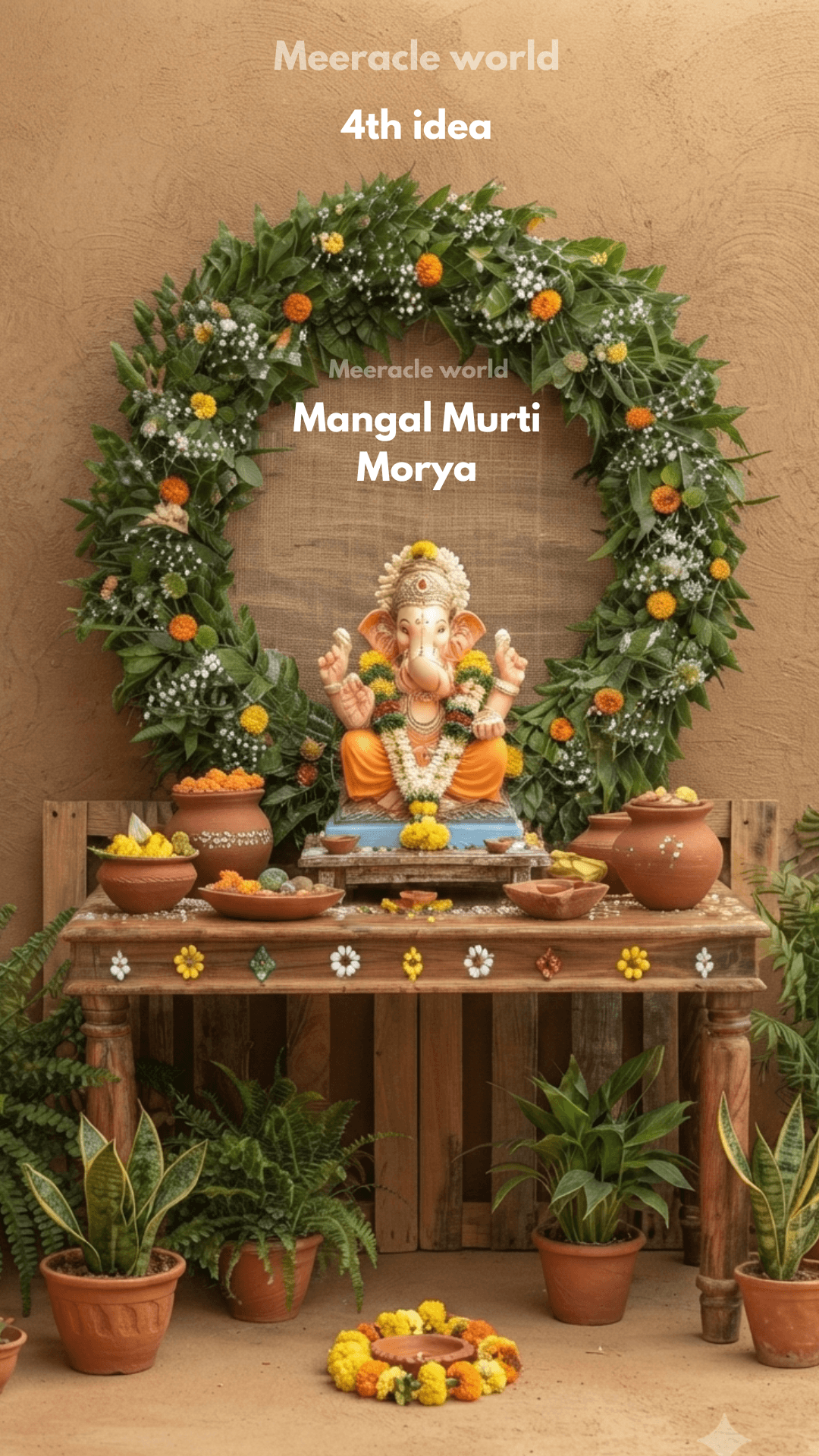 Lord Ganesha idol displayed beneath a large circular floral wreath made of green leaves and white-orange flowers, placed on a wooden table with clay pots and potted plants.