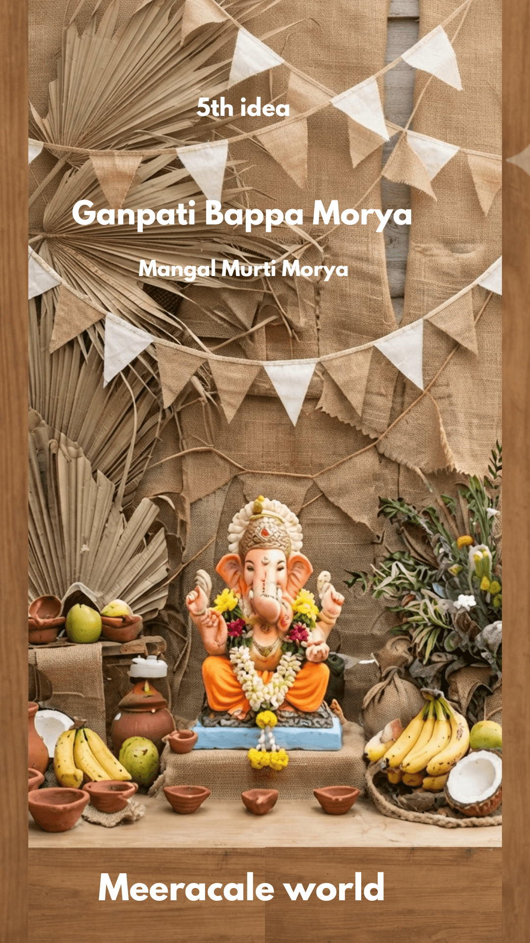 Lord Ganesha idol set against a backdrop of burlap fabric, dry palm leaves, and fabric bunting banners, surrounded by earthen diyas and bananas.
