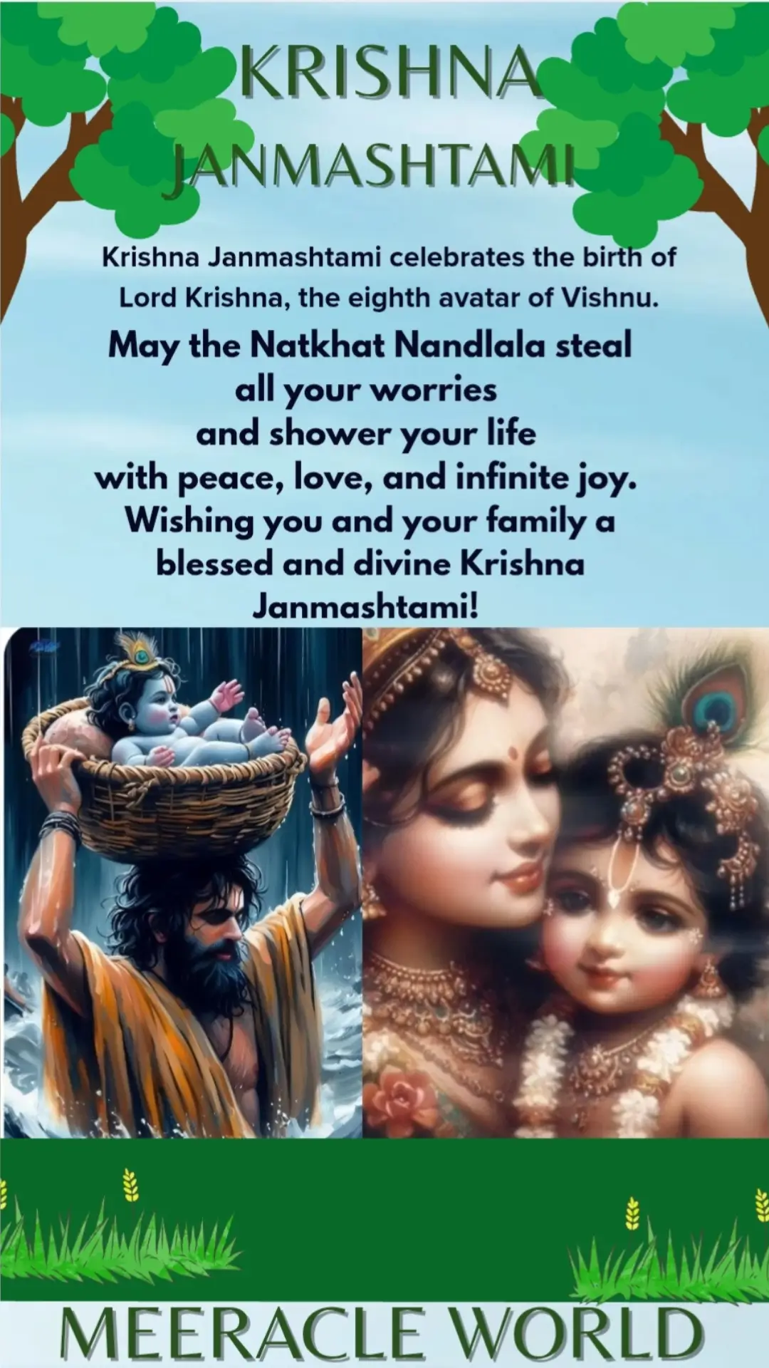 : Happy Krishna Janmashtami greeting card with divine images of baby Krishna, Vasudev crossing the river, and a devotional message wishing peace, love, and joy from Meeracle World.
