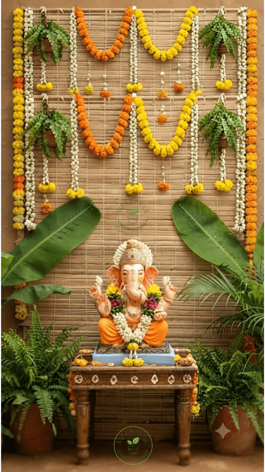 Lord Ganesha idol decorated with fresh flowers, banana leaves, and ferns against a traditional bamboo mat backdrop