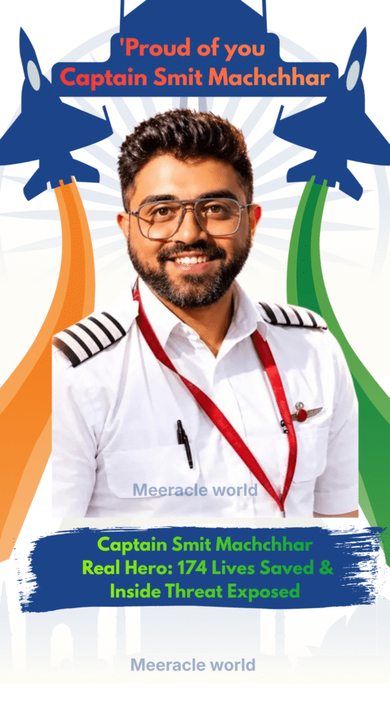 Captain Smit Machchhar smiling in a pilot uniform with a patriotic background celebrating his bravery and 174 lives saved. 